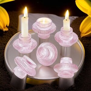 Glass Candlestick Holders Set of 6 for Tapered & Tealight Candles - Pink